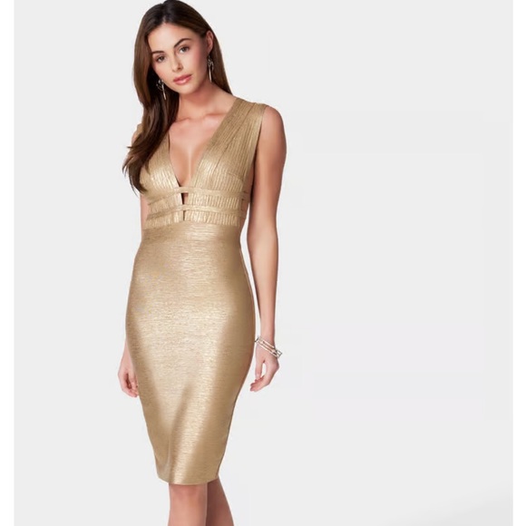 FOILED BANDAGE PLUNGE NECK MIDI DRESS - Picture 1 of 4